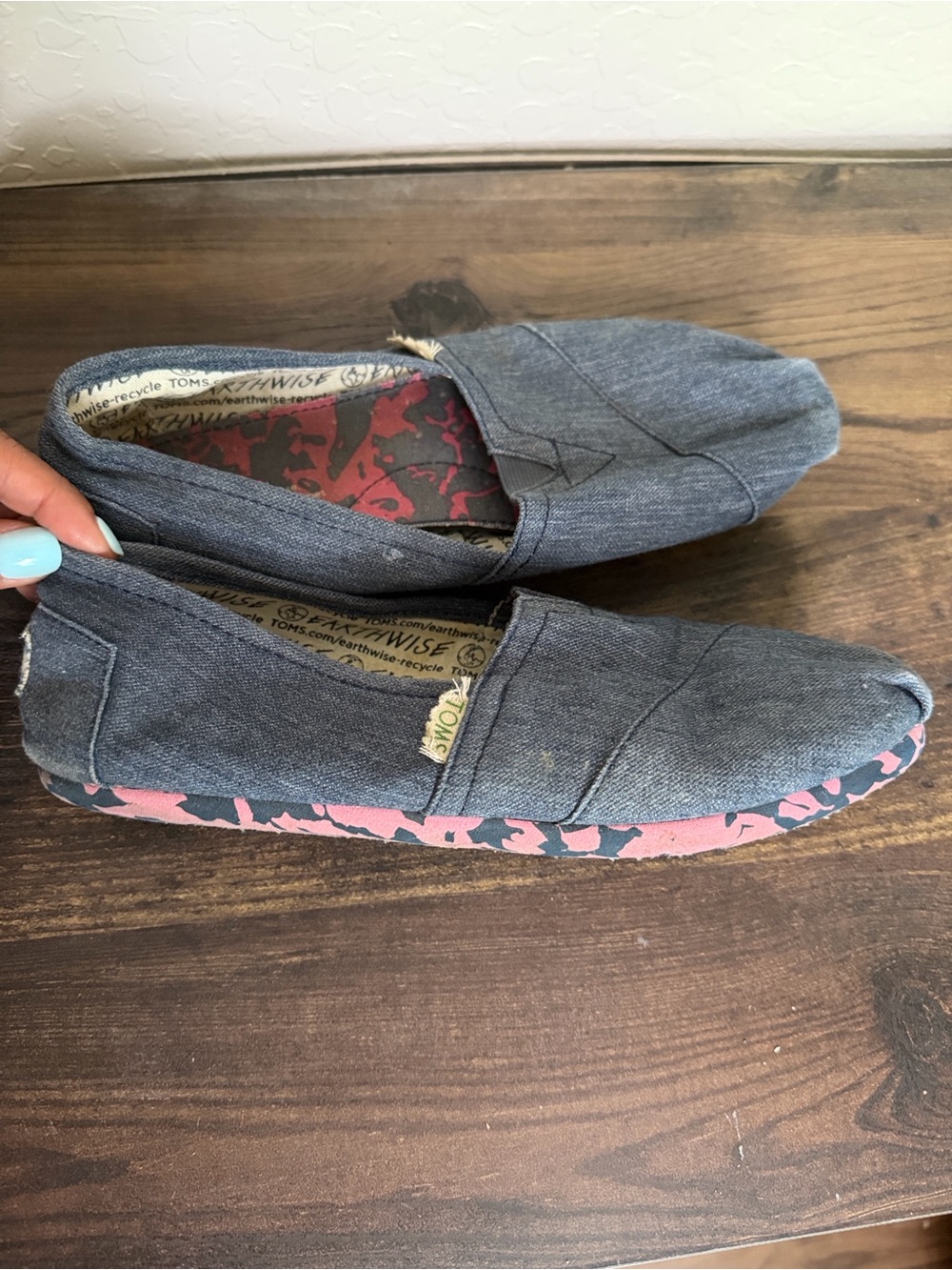 Toms Denim Canvas Slip-On Flats with Pink-Patterned Sole